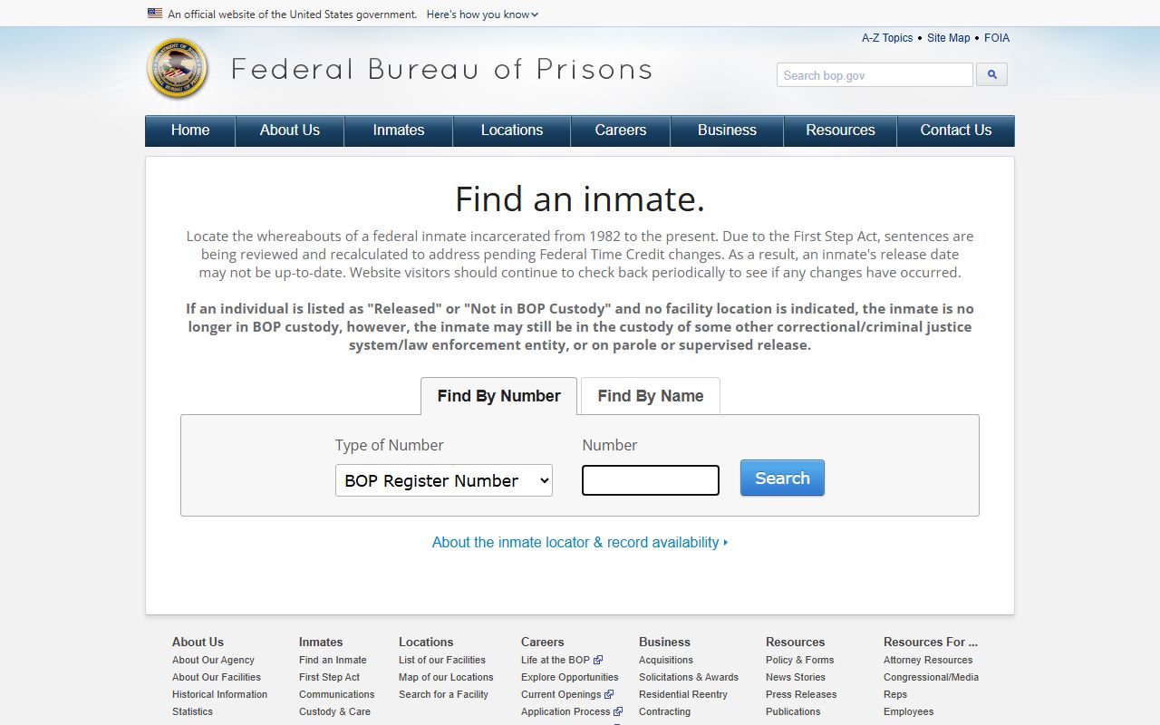 St. Mary's County inmate records federal BOP inmate locator