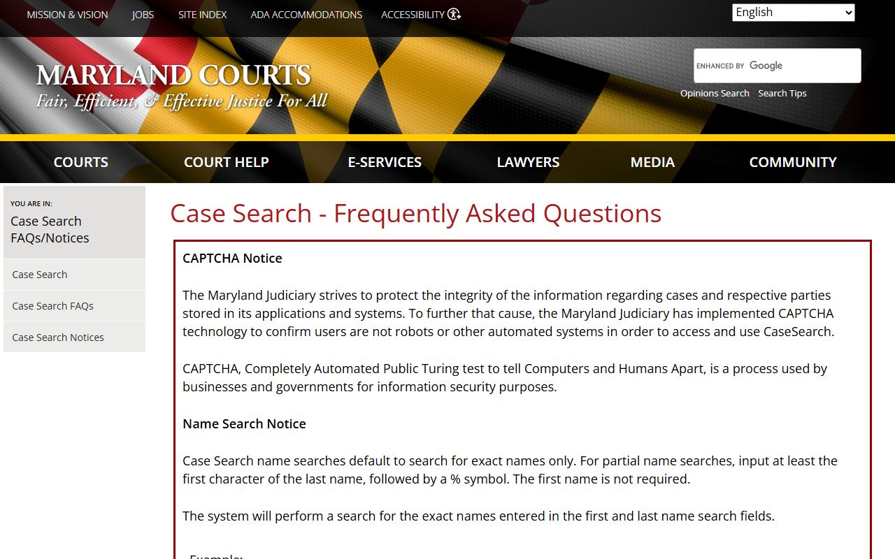 Maryland Case Search records for St. Mary's County community corrections participants