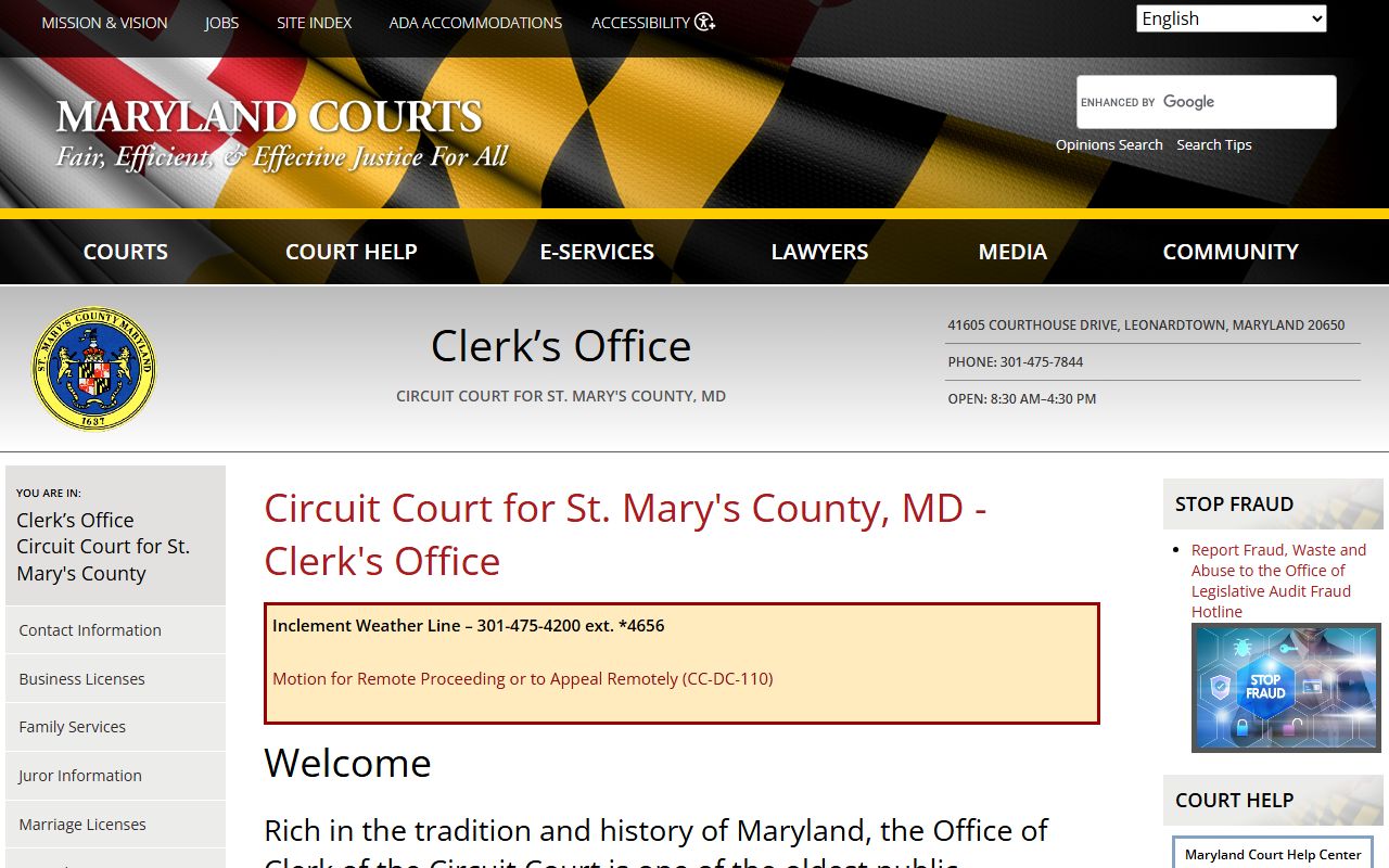 St. Mary's County court records Circuit Court Clerk information