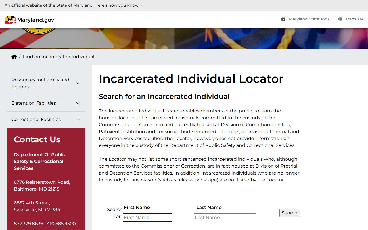St. Mary's County inmate records Maryland DPSCS state inmate locator