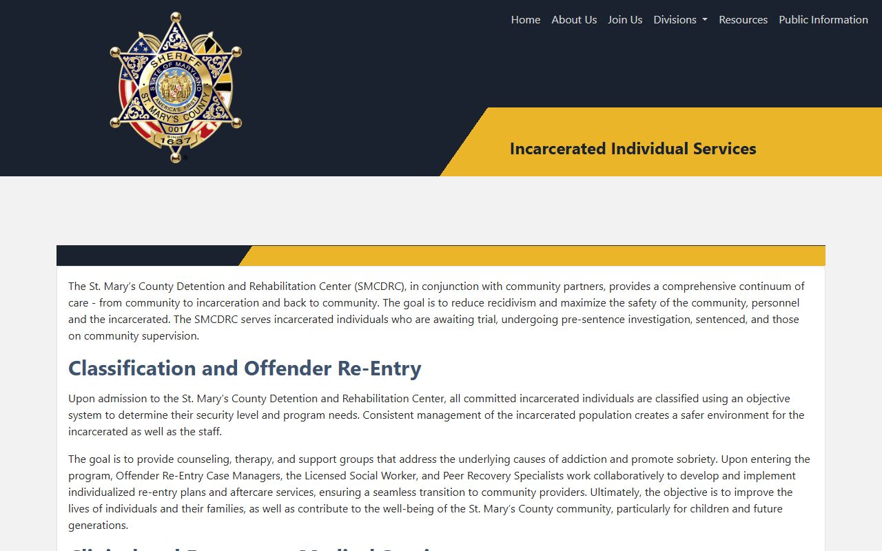 St. Mary's County community corrections reentry and services context