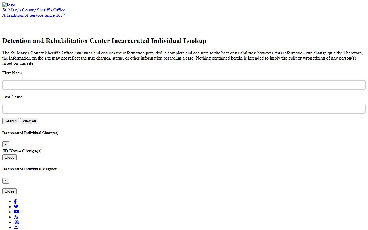St. Mary's County jail roster app-hosted search fields and buttons
