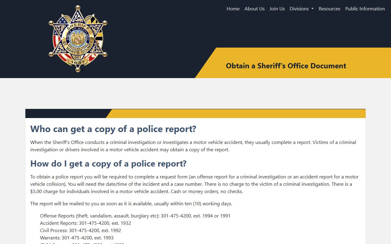 St. Mary's County inmate records public information and police report request page