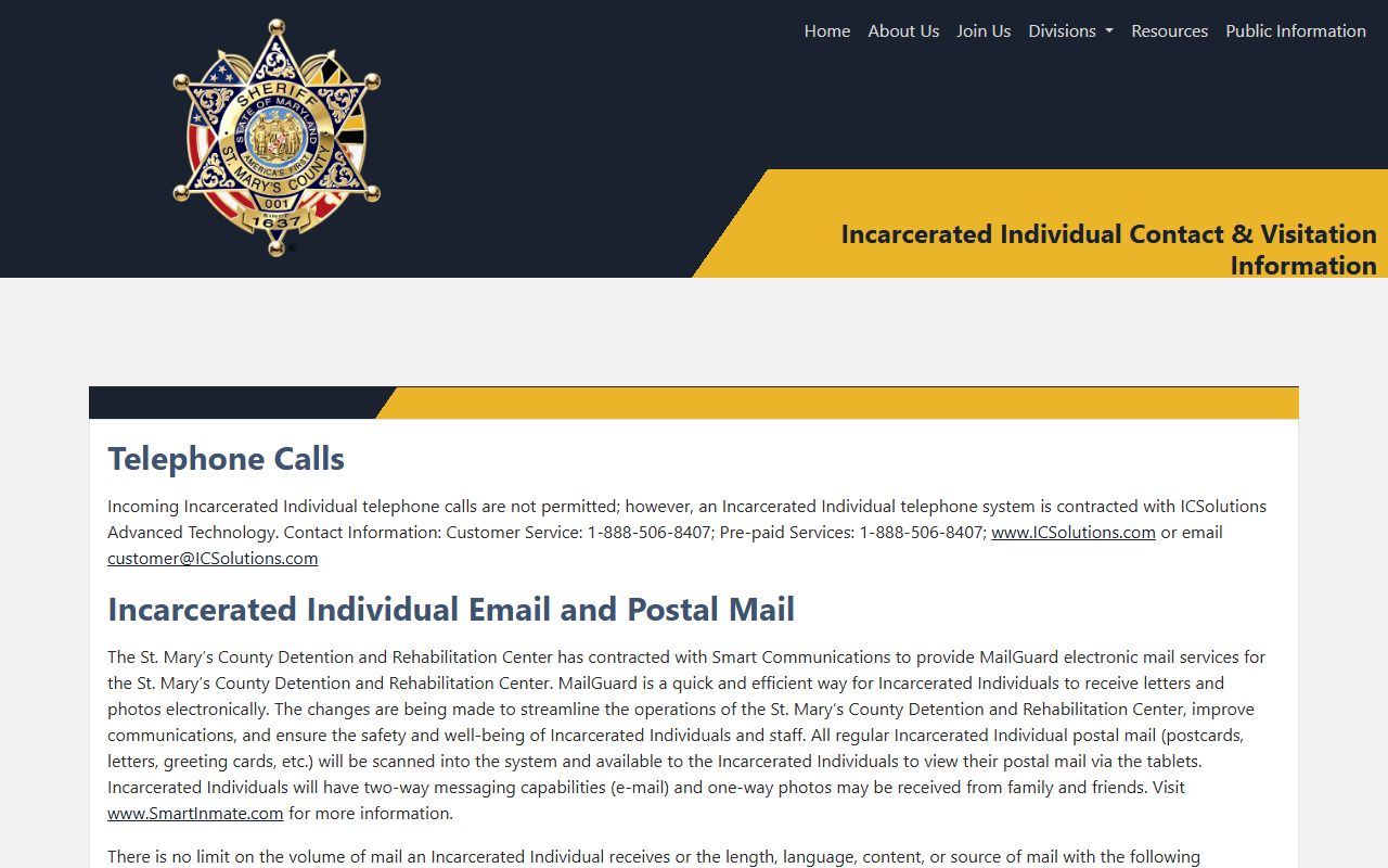 St. Mary's County Detention and Rehabilitation Center visitation and contact page